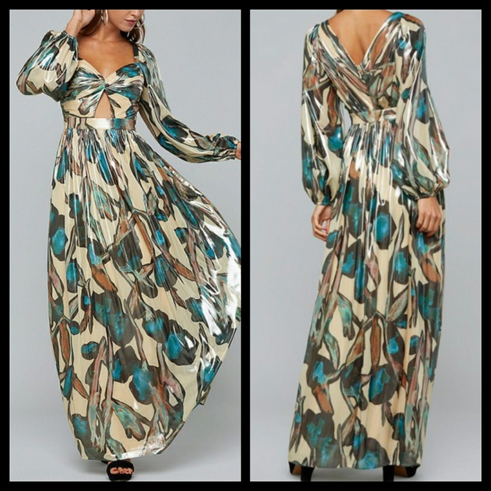Bebe Print Lamé Twist Front Dress Gown Sz 6 NWT